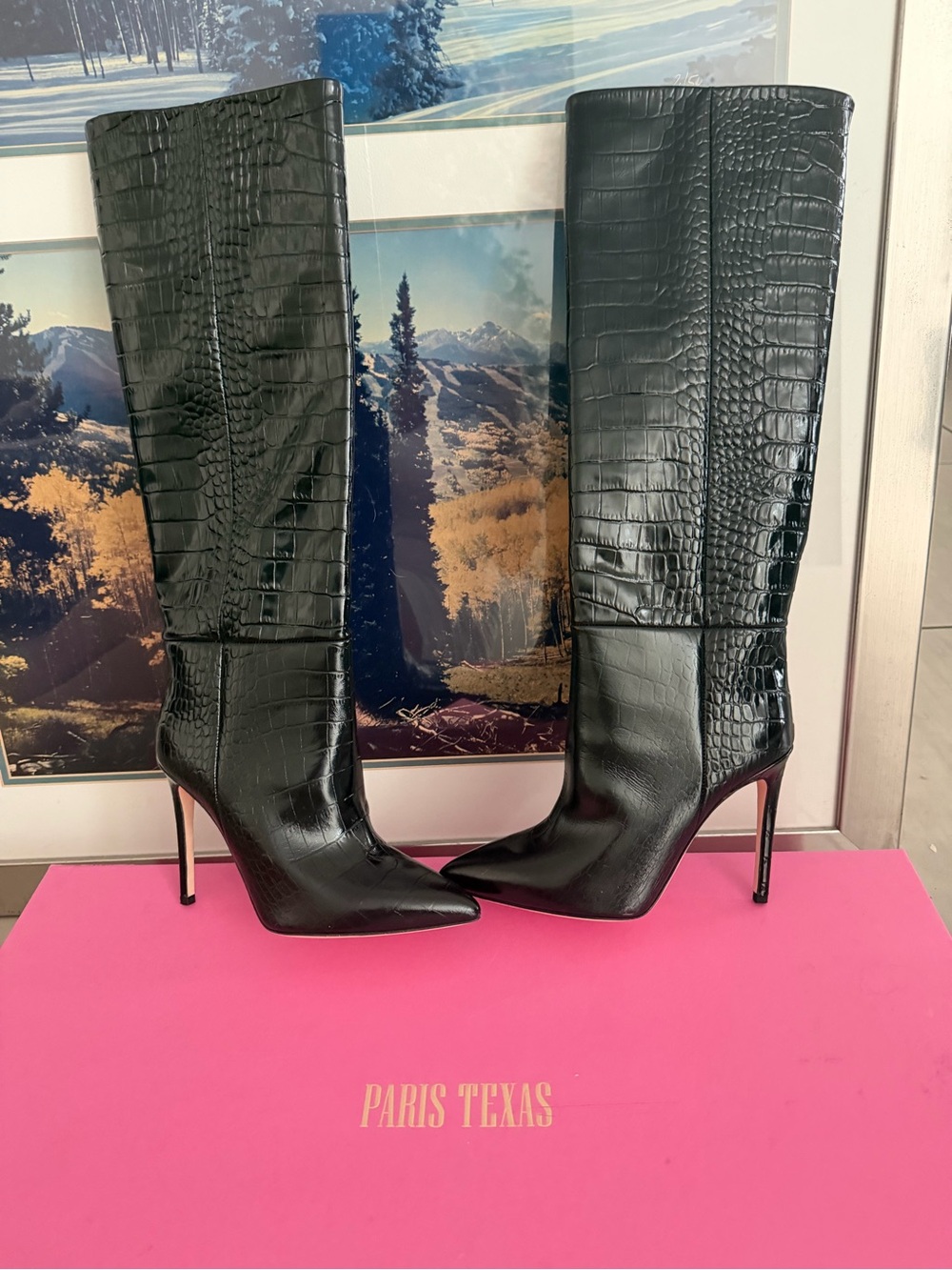 Paris Texas Black Croc-Embossed Stiletto Knee Boots